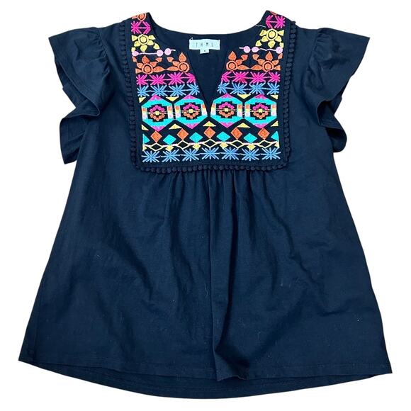 THML Embroidered Flutter Sleeve Black Top Womens Size Small Boho Peasant Style - Picture 4 of 10